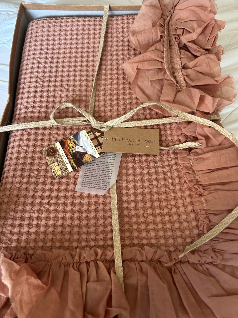 Petracchi 1968 Made in Italy Cotton Ruffle Throw Blanket 55x67 Blush Pink NWT